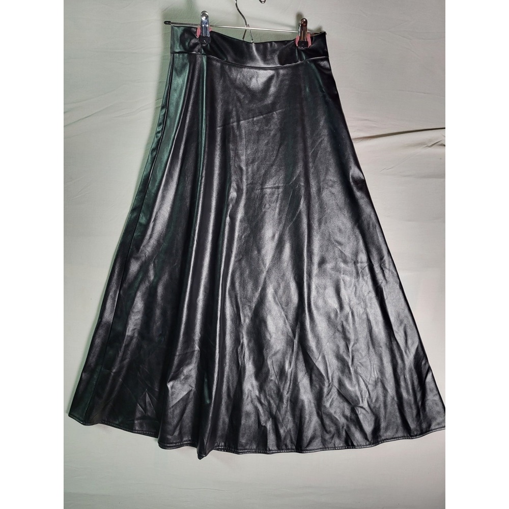 Kate Kasin Vegan Leather Skirt Small Black Pleated Midi Flared High Waist Chic